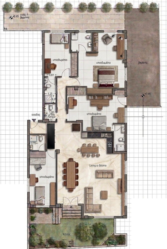 Floor plan of Zappeiou NEST — four bedrooms each with an en-suite bathroom, a guest WC, a shared kitchen, an open living and dining area, a veranda off Room 1 and a garden.